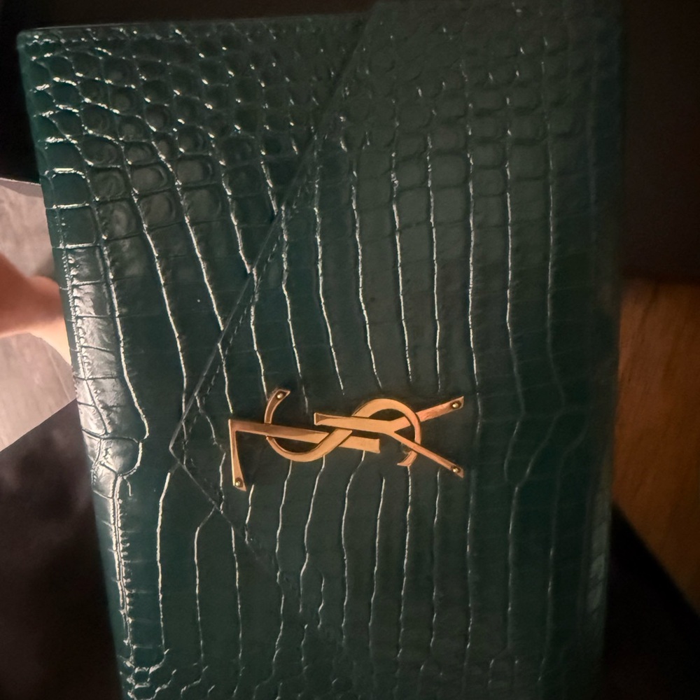 Saint Laurent Teal Croc-Embossed Clutch with Gold Accent